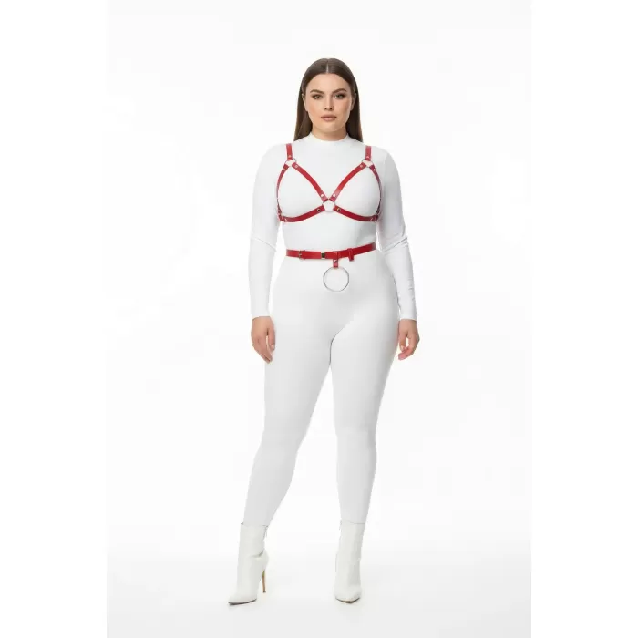 Büyük Beden Kırmızı Kadın Deri Harness Takım Halka Detaylı Sütyen Kemer Kombin - APFT651