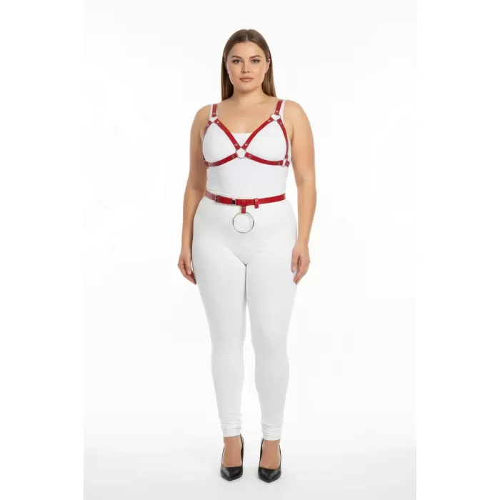 Büyük Beden Kırmızı Kadın Deri Harness Takım Halka Detaylı Sütyen Kemer Kombin - APFT651