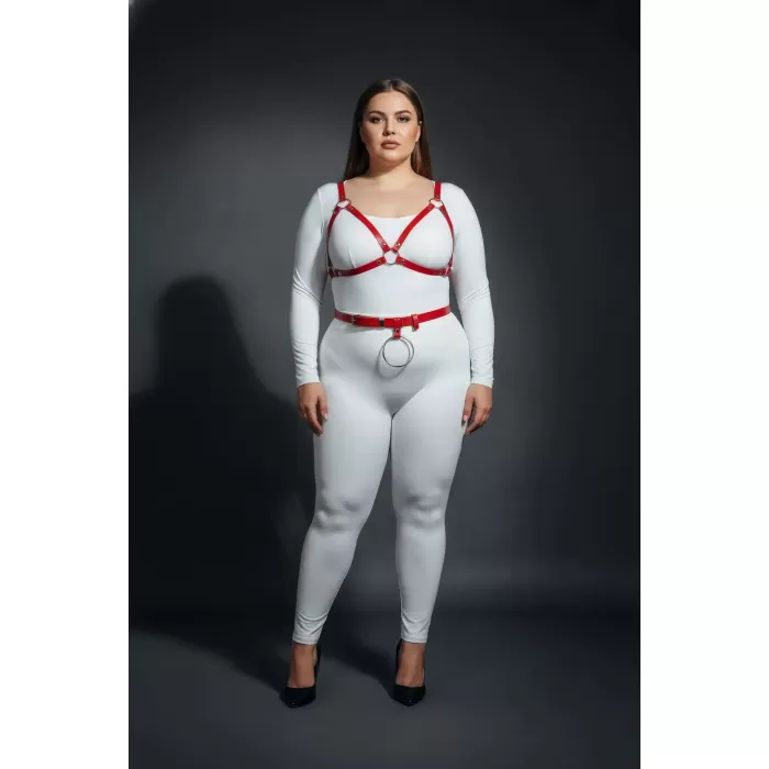 Büyük Beden Kırmızı Kadın Deri Harness Takım Halka Detaylı Sütyen Kemer Kombin - APFT651
