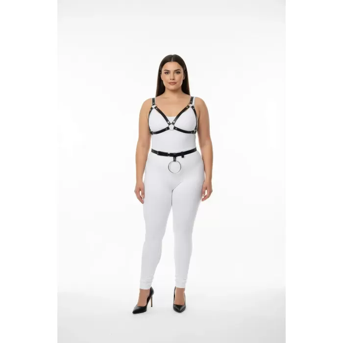 Büyük Beden Siyah Kadın Deri Harness Takım Halka Detaylı Fantezi Vücut Aksesuarı - APFT651