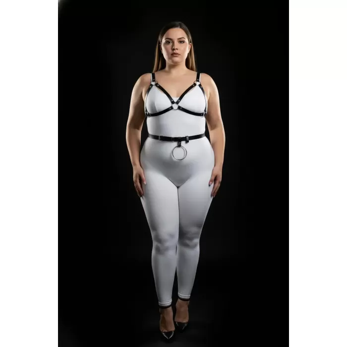 Büyük Beden Siyah Kadın Deri Harness Takım Halka Detaylı Fantezi Vücut Aksesuarı - APFT651