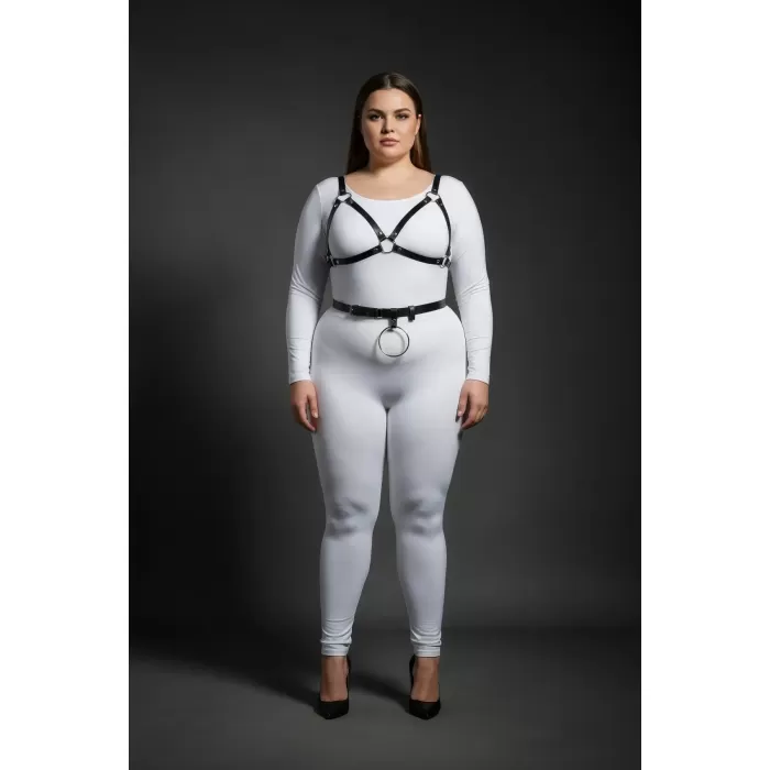 Büyük Beden Siyah Kadın Deri Harness Takım Halka Detaylı Fantezi Vücut Aksesuarı - APFT651