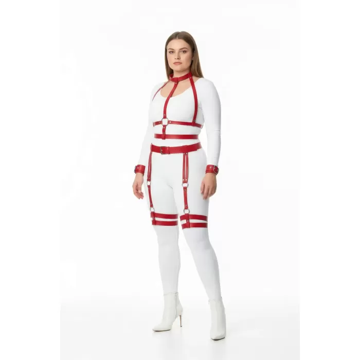 Büyük Beden Kırmızı Kadın Harness Takım Jartiyerli ve Halka Detaylı - APFT697