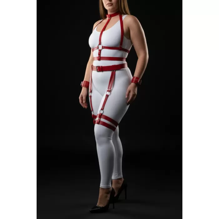 Büyük Beden Kırmızı Kadın Harness Takım Jartiyerli ve Halka Detaylı - APFT697