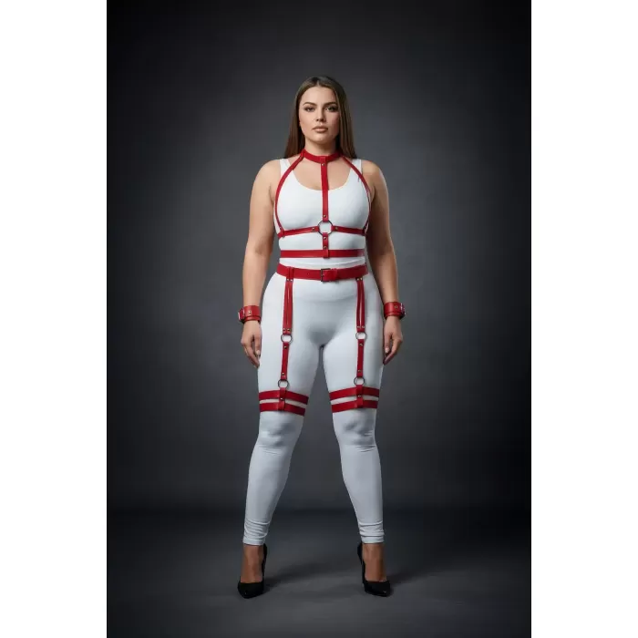 Büyük Beden Kırmızı Kadın Harness Takım Jartiyerli ve Halka Detaylı - APFT697