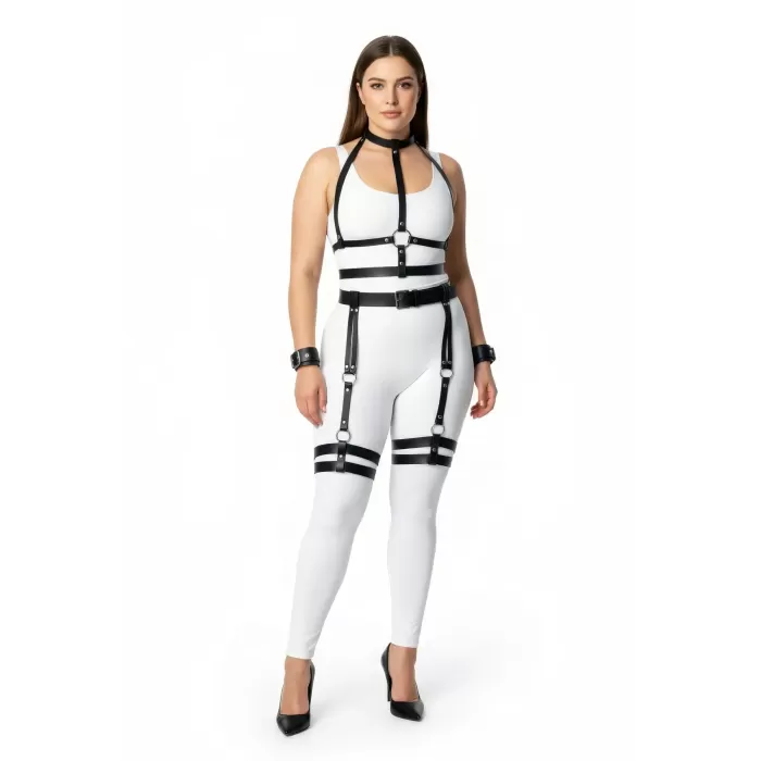 Büyük Beden Siyah Kadın Harness Takım Jartiyerli Deri Vücut Aksesuarı - APFT697