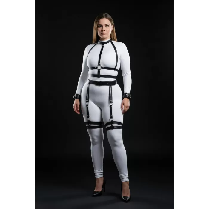 Büyük Beden Siyah Kadın Harness Takım Jartiyerli Deri Vücut Aksesuarı - APFT697