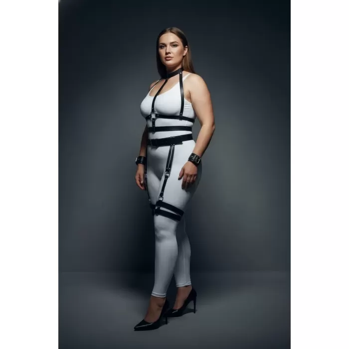 Büyük Beden Siyah Kadın Harness Takım Jartiyerli Deri Vücut Aksesuarı - APFT697