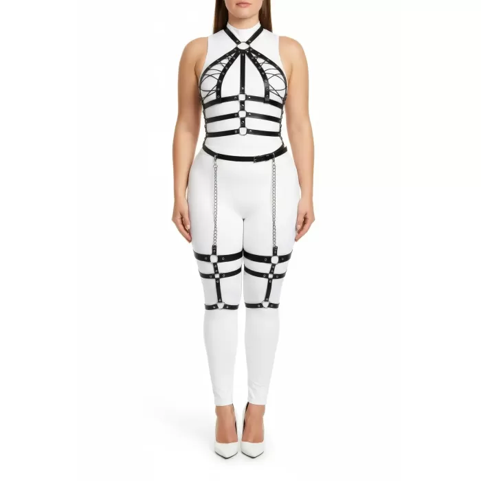 Büyük Beden Siyah Kadın Harness Takım Zincir Detaylı Full Body Deri Aksesuar - APFT698
