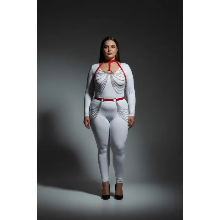Büyük Beden Kırmızı Kadın Harness Takım Zincir Detaylı Deri Fantezi Vücut Aksesuarı - APFT701