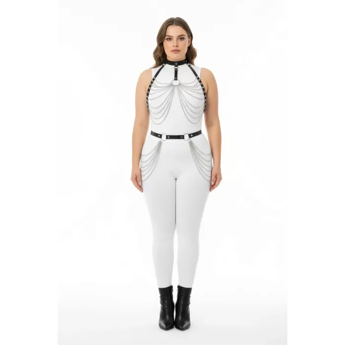 Büyük Beden Siyah Kadın Harness Takım Zincir Detaylı Deri Fantezi Aksesuarı - APFT701