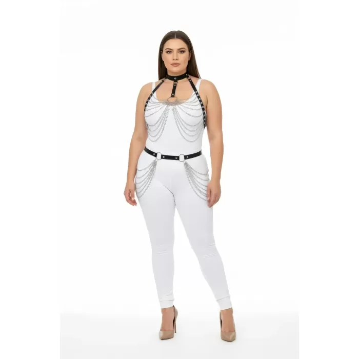 Büyük Beden Siyah Kadın Harness Takım Zincir Detaylı Deri Fantezi Aksesuarı - APFT701