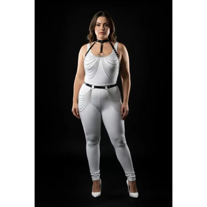 Büyük Beden Siyah Kadın Harness Takım Zincir Detaylı Deri Fantezi Aksesuarı - APFT701