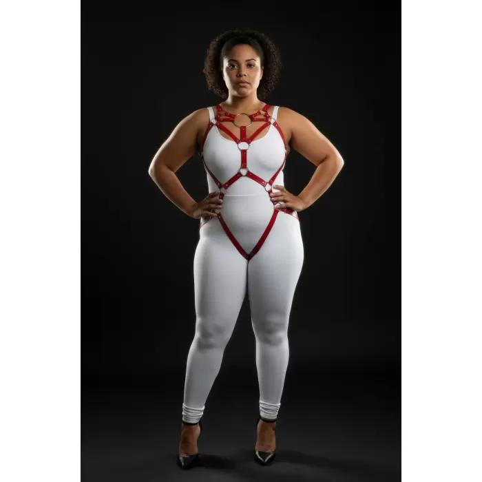 Büyük Beden Kırmızı Kadın Harness Takım Halka Detaylı Deri Fantezi Aksesuarı - APFT706