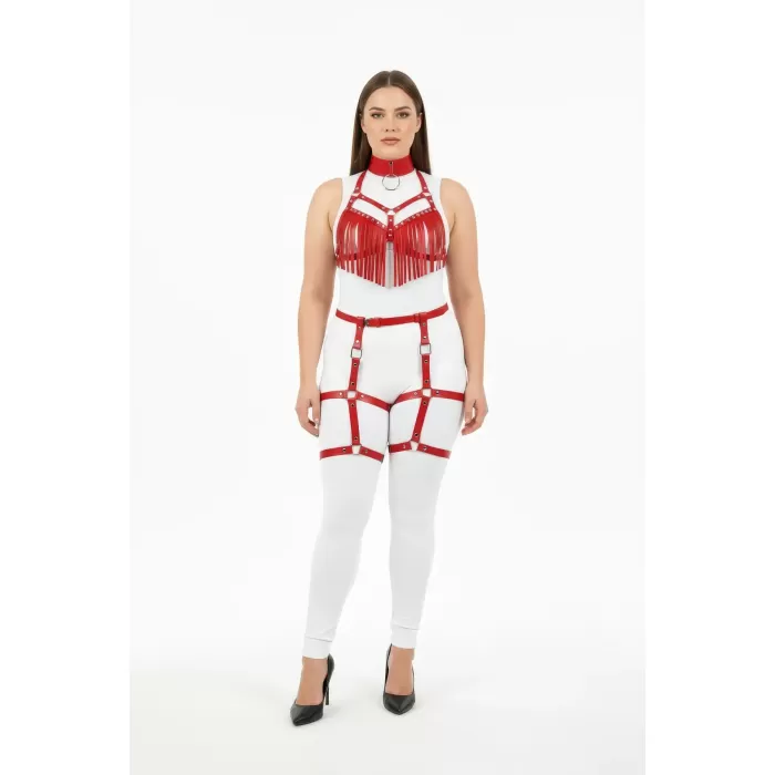 Büyük Beden Kırmızı Kadın Deri Harness Takım Püskül Detaylı Jartiyerli - APFT715