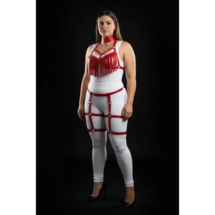 Büyük Beden Kırmızı Kadın Deri Harness Takım Püskül Detaylı Jartiyerli - APFT715