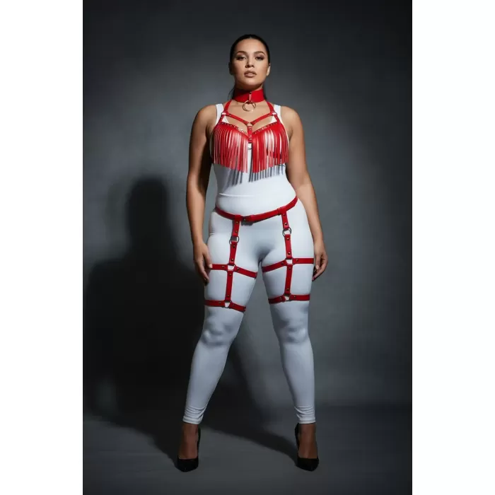Büyük Beden Kırmızı Kadın Deri Harness Takım Püskül Detaylı Jartiyerli - APFT715