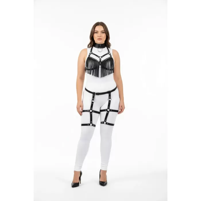 Büyük Beden Siyah Kadın Harness Takım Püsküllü Deri Görünümlü Jartiyerli Fantezi Aksesuar - APFT715