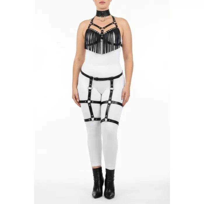 Büyük Beden Siyah Kadın Harness Takım Püsküllü Deri Görünümlü Jartiyerli Fantezi Aksesuar - APFT715