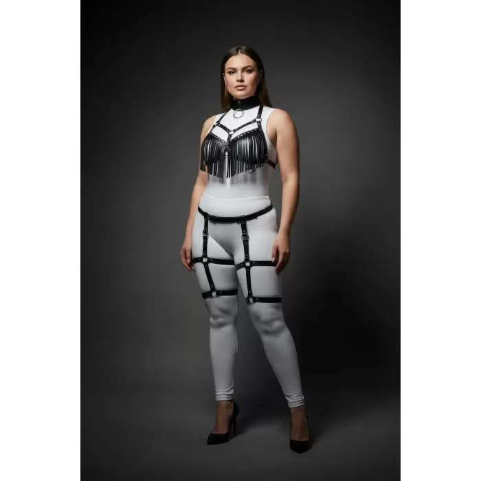 Büyük Beden Siyah Kadın Harness Takım Püsküllü Deri Görünümlü Jartiyerli Fantezi Aksesuar - APFT715