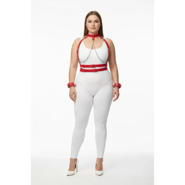 Büyük Beden Kırmızı Kadın Deri Harness Takım Zincir Detaylı Fantezi Aksesuar - APFT720