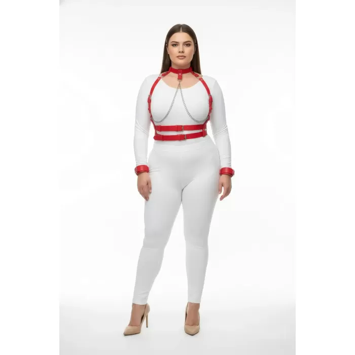 Büyük Beden Kırmızı Kadın Deri Harness Takım Zincir Detaylı Fantezi Aksesuar - APFT720
