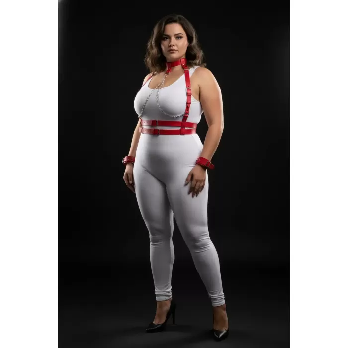 Büyük Beden Kırmızı Kadın Deri Harness Takım Zincir Detaylı Fantezi Aksesuar - APFT720