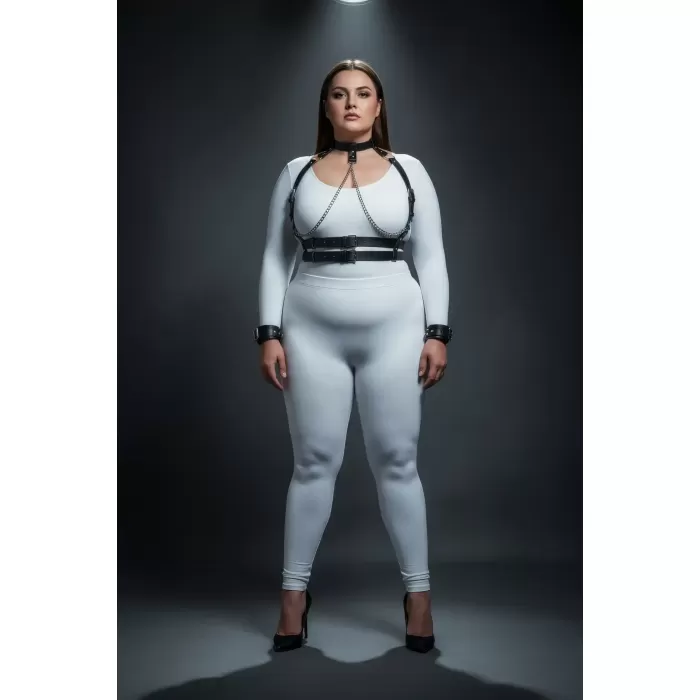 Büyük Beden Siyah Kadın Deri Harness Takım Zincir Detaylı Fantazi Full Set - APFT720