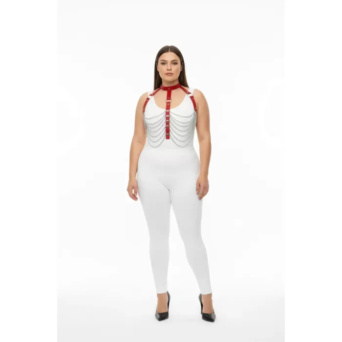 Büyük Beden Kırmızı Kadın Harness Takım Zincir Detaylı Deri Vücut Aksesuarı - APFT721