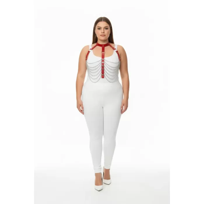 Büyük Beden Kırmızı Kadın Harness Takım Zincir Detaylı Deri Vücut Aksesuarı - APFT721