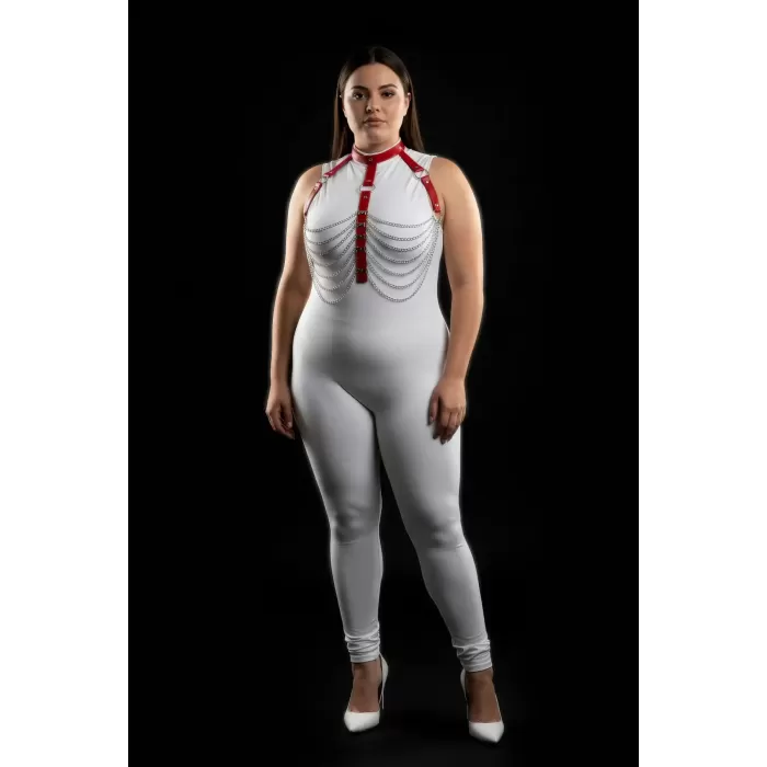 Büyük Beden Kırmızı Kadın Harness Takım Zincir Detaylı Deri Vücut Aksesuarı - APFT721