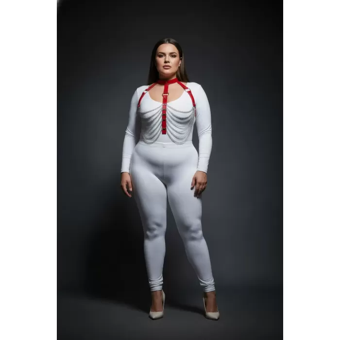 Büyük Beden Kırmızı Kadın Harness Takım Zincir Detaylı Deri Vücut Aksesuarı - APFT721