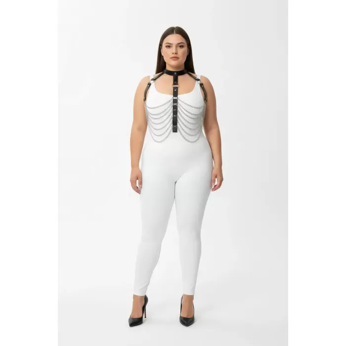 Büyük Beden Siyah Kadın Harness Takım Zincir ve Halka Detaylı Deri Vücut Aksesuarı - APFT721