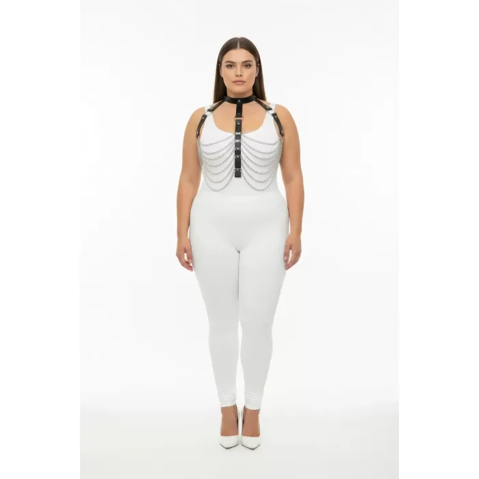 Büyük Beden Siyah Kadın Harness Takım Zincir ve Halka Detaylı Deri Vücut Aksesuarı - APFT721