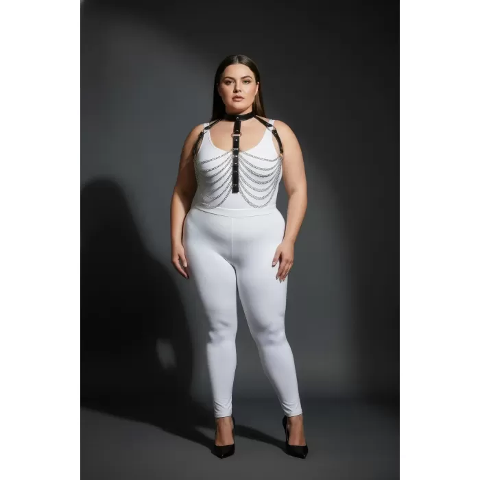 Büyük Beden Siyah Kadın Harness Takım Zincir ve Halka Detaylı Deri Vücut Aksesuarı - APFT721