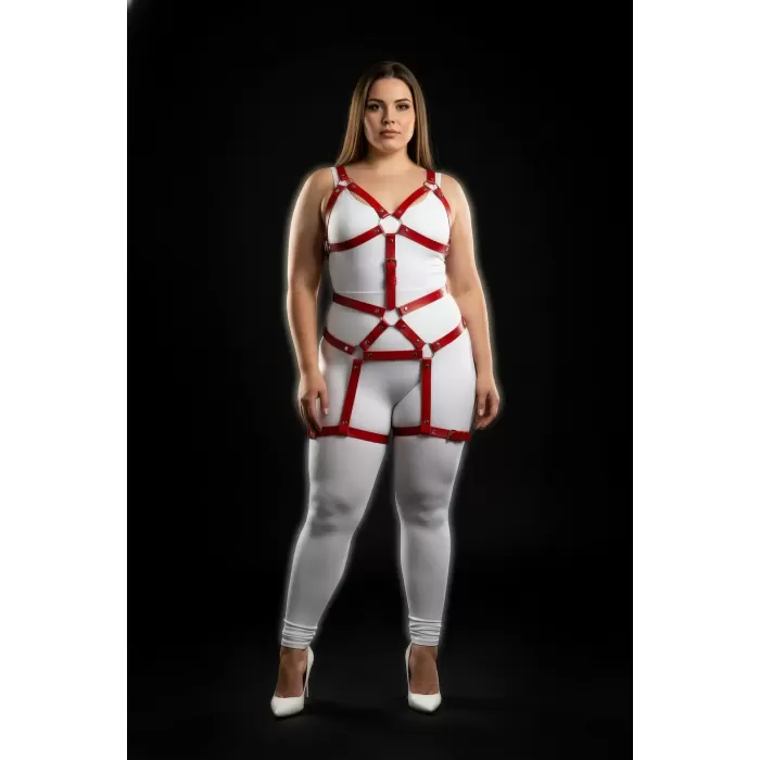 Büyük Beden Kırmızı Kadın Deri Harness Takım Jartiyerli Vücut Aksesuarı - APFT750