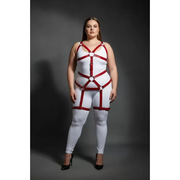 Büyük Beden Kırmızı Kadın Deri Harness Takım Jartiyerli Vücut Aksesuarı - APFT750