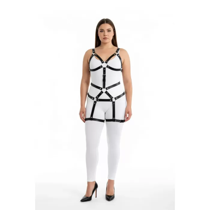 Büyük Beden Siyah Kadın Harness Takım Deri Body Fantezi Aksesuar - APFT750