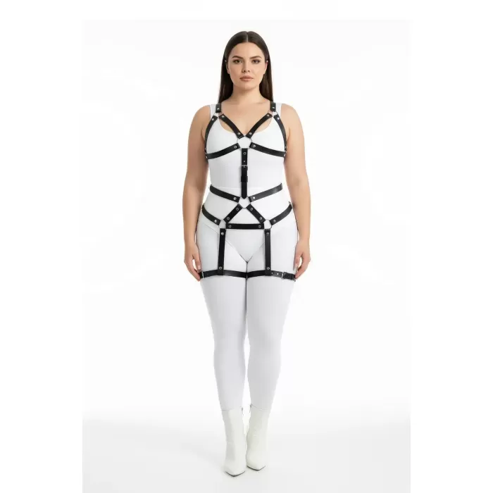 Büyük Beden Siyah Kadın Harness Takım Deri Body Fantezi Aksesuar - APFT750