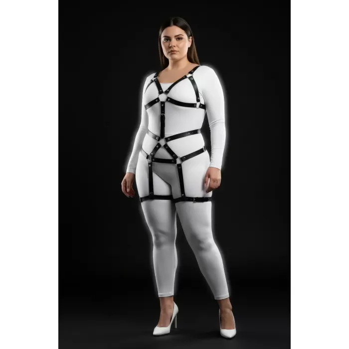 Büyük Beden Siyah Kadın Harness Takım Deri Body Fantezi Aksesuar - APFT750