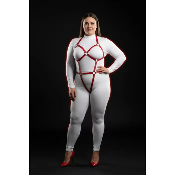Büyük Beden Kırmızı Kadın Harness Takım Full Body Deri Fantazi Aksesuarı - APFT759