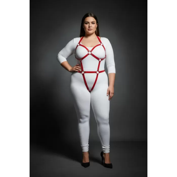 Büyük Beden Kırmızı Kadın Harness Takım Full Body Deri Fantazi Aksesuarı - APFT759