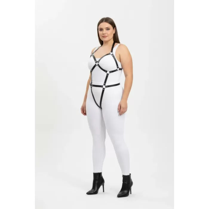 Büyük Beden Siyah Kadın Full Body Deri Harness Takım Halka Detaylı Fantazi Aksesuar - APFT759