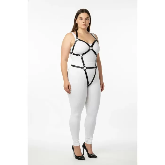 Büyük Beden Siyah Kadın Full Body Deri Harness Takım Halka Detaylı Fantazi Aksesuar - APFT759
