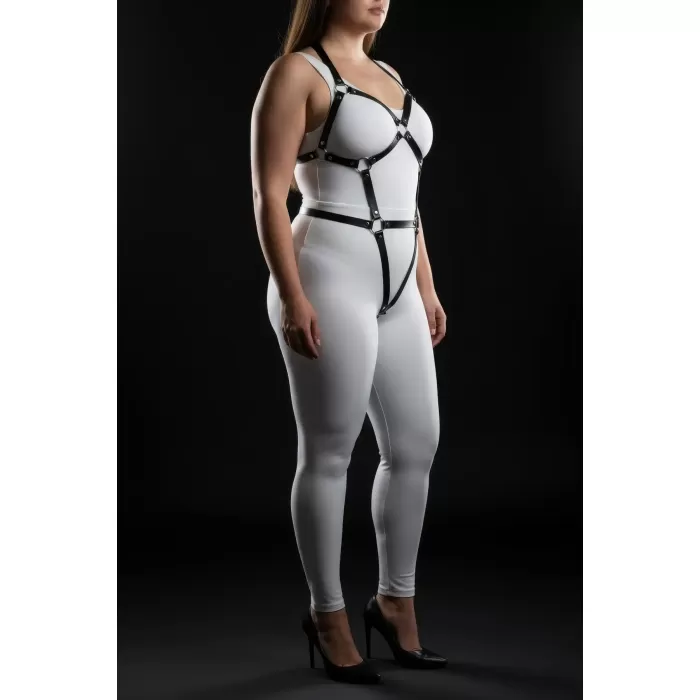 Büyük Beden Siyah Kadın Full Body Deri Harness Takım Halka Detaylı Fantazi Aksesuar - APFT759