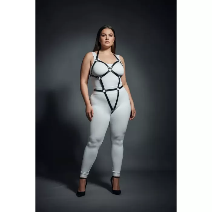 Büyük Beden Siyah Kadın Full Body Deri Harness Takım Halka Detaylı Fantazi Aksesuar - APFT759