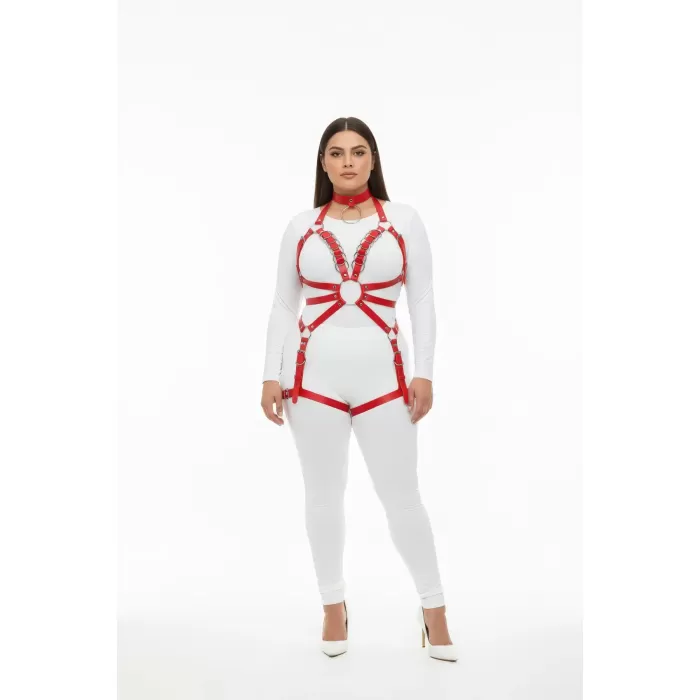 Büyük Beden Kırmızı Kadın Deri Harness Takım Zincir ve Jartiyer Detaylı - APFT781