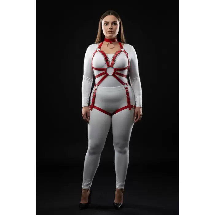 Büyük Beden Kırmızı Kadın Deri Harness Takım Zincir ve Jartiyer Detaylı - APFT781