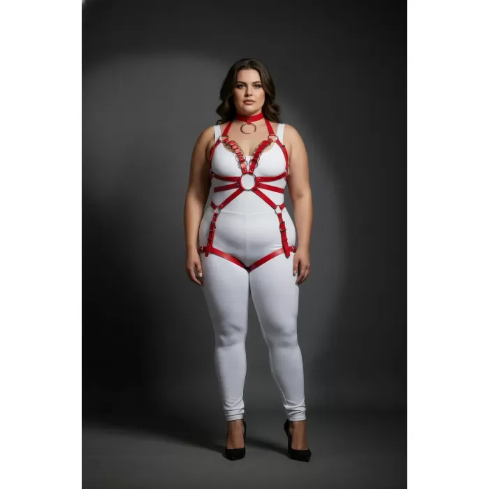 Büyük Beden Kırmızı Kadın Deri Harness Takım Zincir ve Jartiyer Detaylı - APFT781