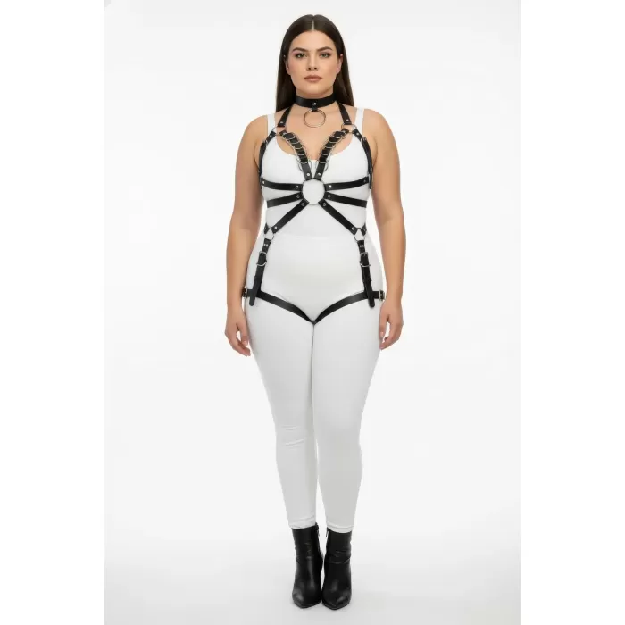 Büyük Beden Siyah Kadın Harness Takım Full Body Deri Şık Tasarım - APFT781